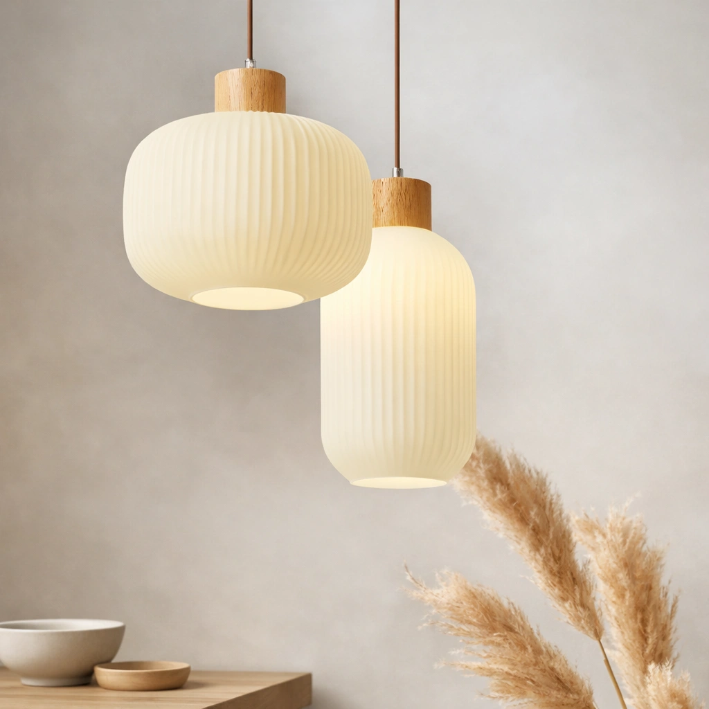 Lampa wisząca KASUMI – mleczne szkło i drewno w stylu Japandi