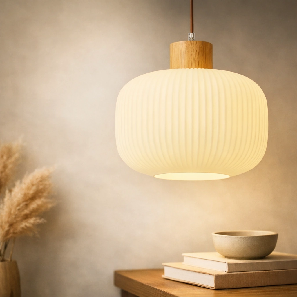 Jakość wykonania lampy KASUMI – mleczne szkło i naturalne drewno