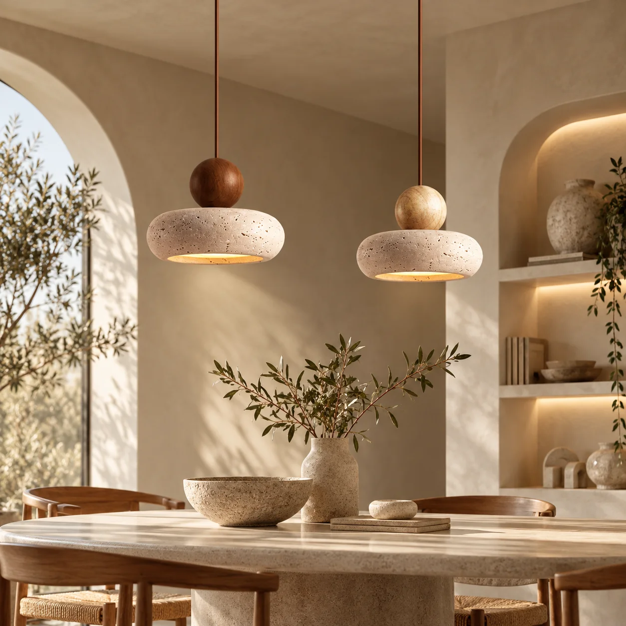 NAREVI – lampa wisząca LED z naturalnego trawertynu i litego drewna NAREVI to de
