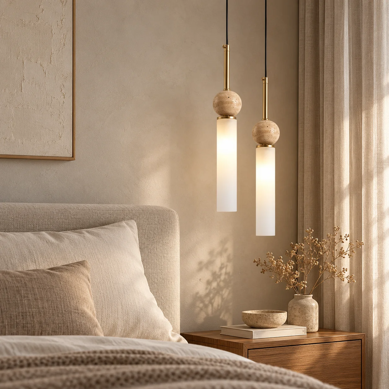 TAVÉRA – designerska lampa wisząca z naturalnym kamieniem i mlecznym kloszem TAV