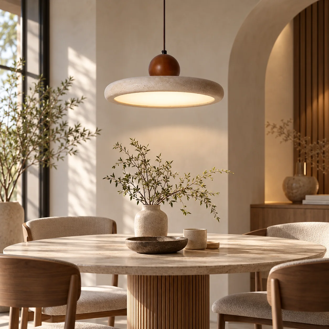SOREVA – designerska lampa wisząca z trawertynu i naturalnego drewna Japandi SOR